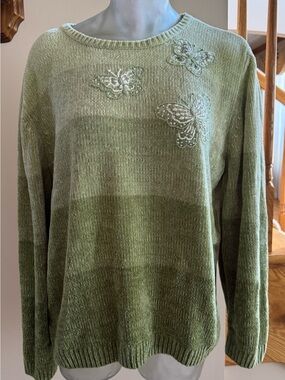 Alfred Dunner Olive Green Butterfly Crewneck Sweater Size Large